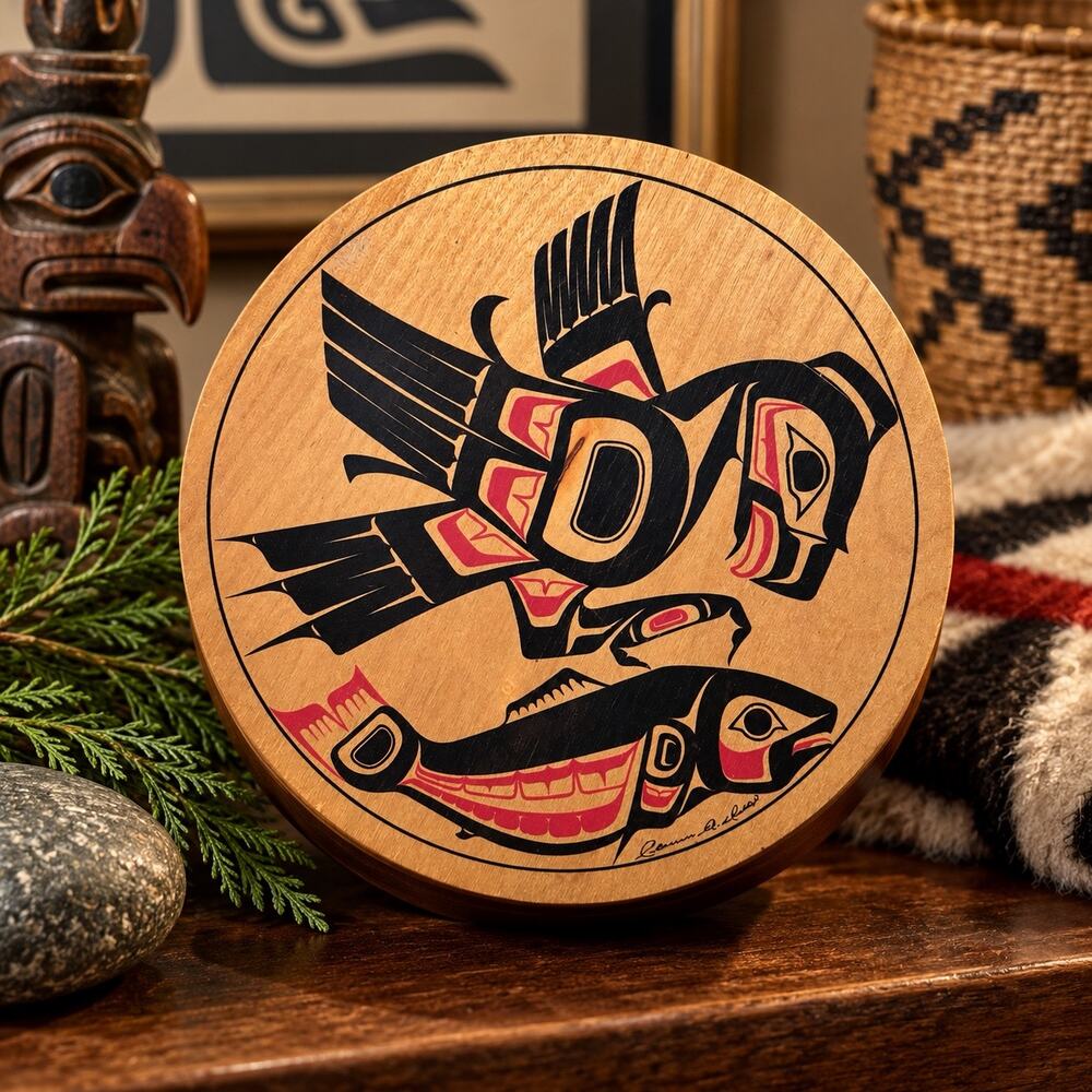 Vintage Clarence A. Wells Eagle Salmon Bentwood Box First Nations Signed